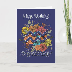 Create Your Own Starry Floral Aquarius Zodiac Holiday Card