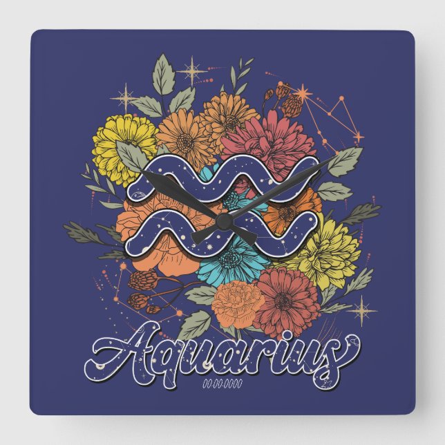 Create Your Own Starry Floral Aquarius Zodiac Square Wall Clock (Front)