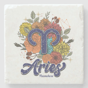 Create Your Own Starry Floral Aries Stone Coaster