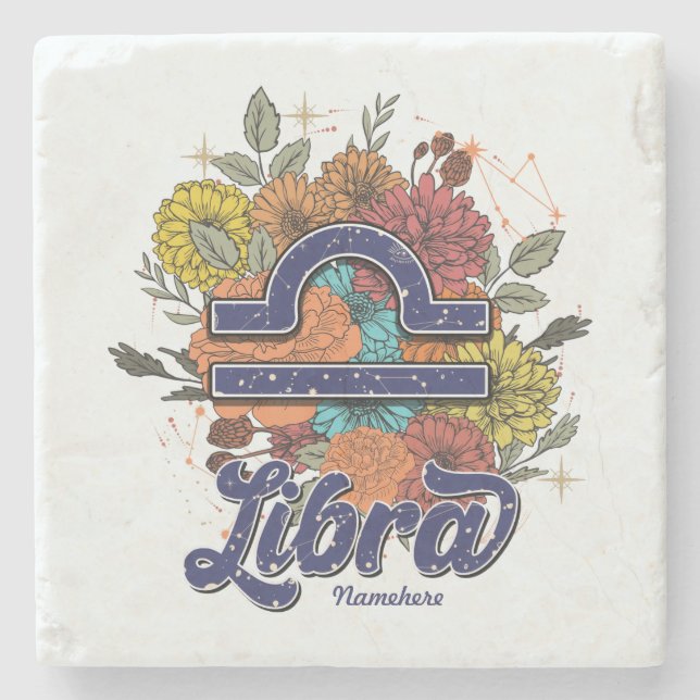 Create Your Own Starry Floral Libra Stone Coaster (Front)