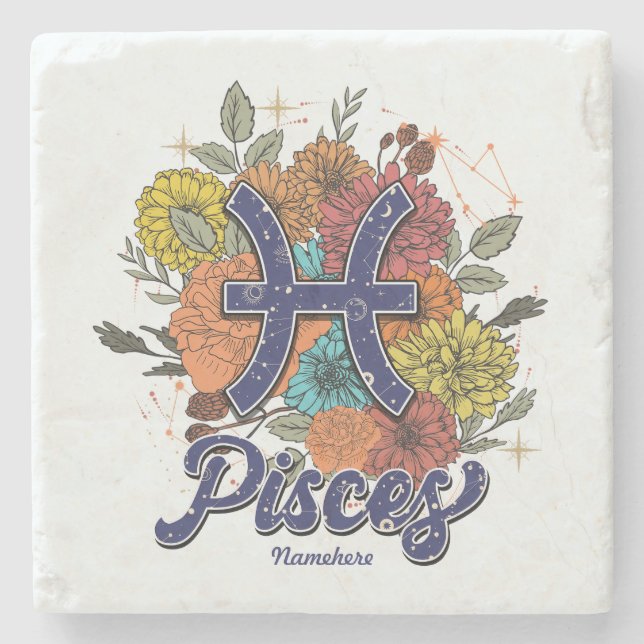 Create Your Own Starry Floral Pisces Stone Coaster (Front)