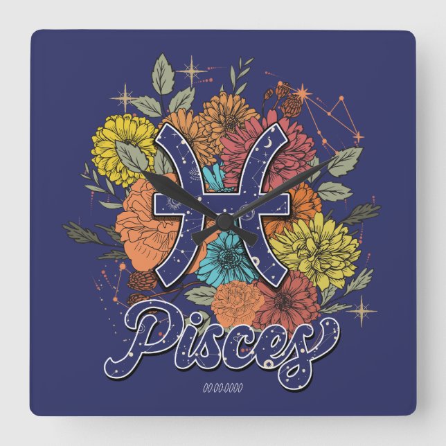 Create Your Own Starry Floral Pisces Zodiac Square Wall Clock (Front)