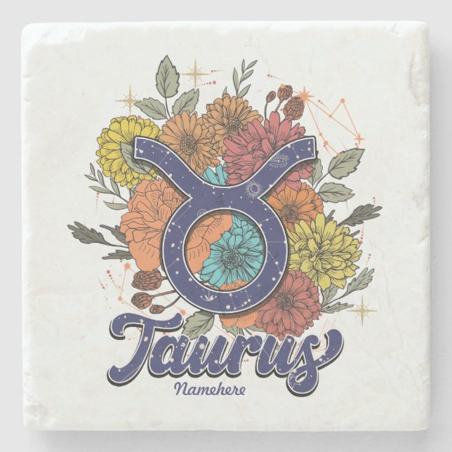 Create Your Own Starry Floral Taurus Stone Coaster (Front)