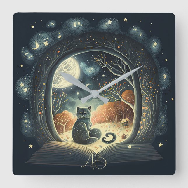 Create Your Own Starry Mystical Black Cat Square Wall Clock (Front)