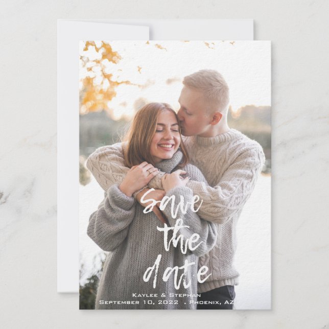 Create Your Own Stylish Script Personalised Photo Save The Date (Front)