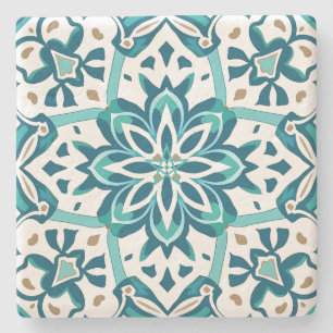 Create Your Own Teal Blue Flower Talavera Style Stone Coaster