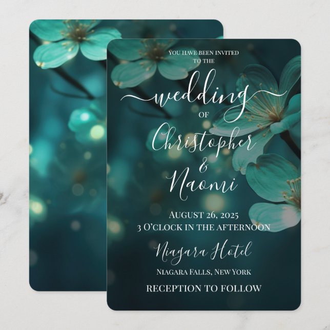 Create Your Own Teal Flowers & Lights Wedding Invitation (Front/Back)