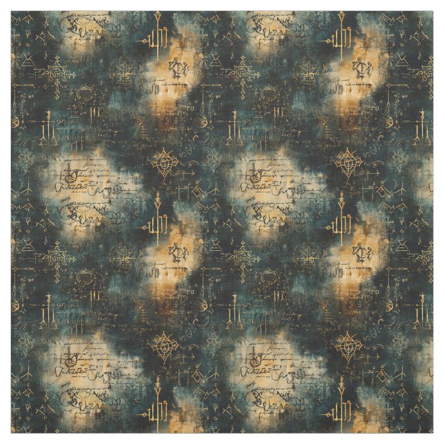 Create Your Own Teal Gold Arcane Text Black Fabric (Swatch)