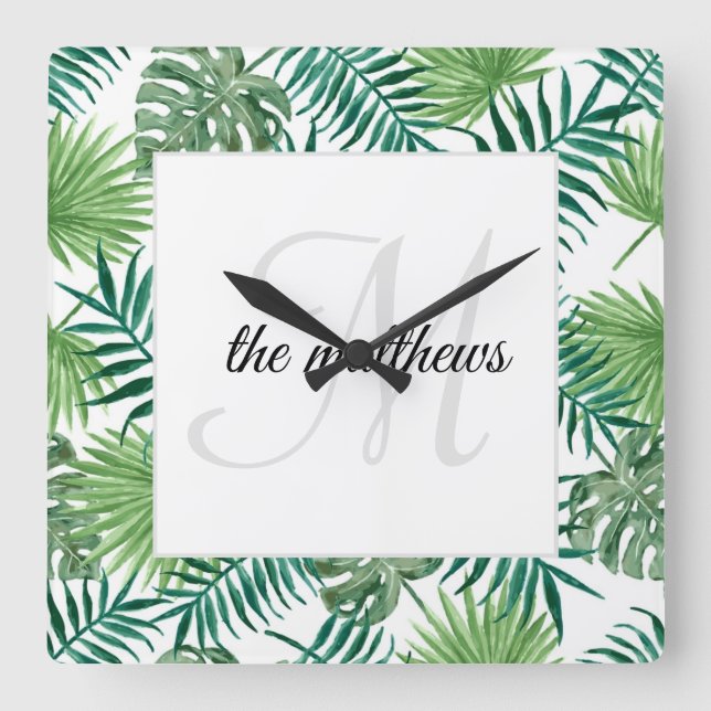 Create Your Own Tropical Palm Beach House Name Square Wall Clock (Front)