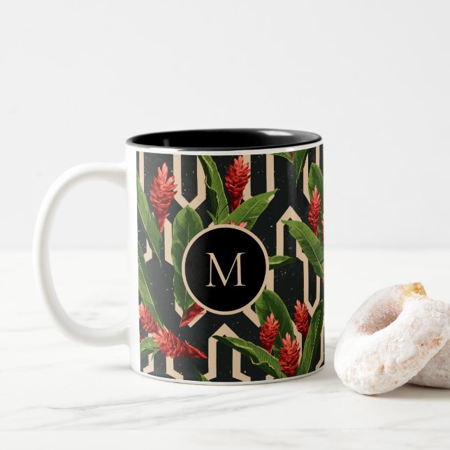 Create Your Own Tropical Pattern Monogram Two-Tone Coffee Mug (With Donut)