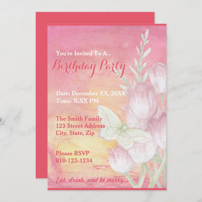 Create Your Own Tulip Butterfly Party Invitations (Front/Back)