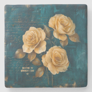 Create Your Own Turquoise Golden Yellow Rose Spray Stone Coaster