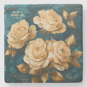 Create Your Own Turquoise Golden Yellow Roses Stone Coaster