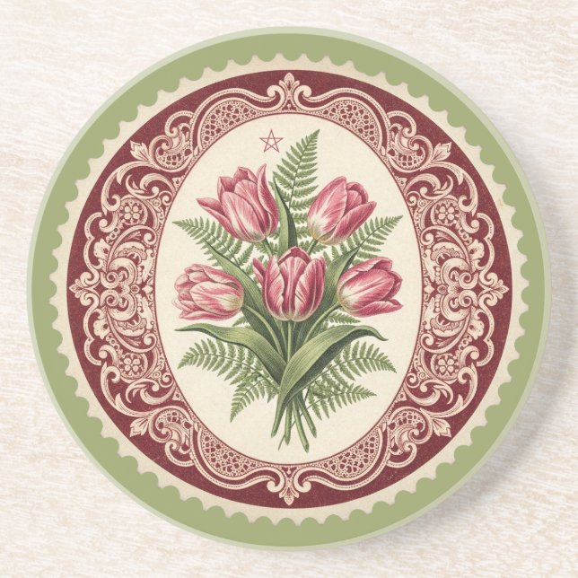 Create Your Own Victorian Pink Tulips Stamp Coaster (Front)