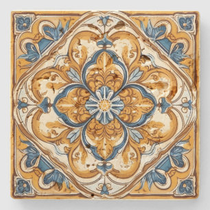 Create Your Own Vintage Gold Blue Ornamental Flora Stone Coaster