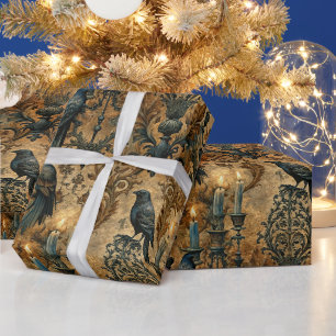 Create Your Own Vintage Gold Gothic Ravens Damask Wrapping Paper