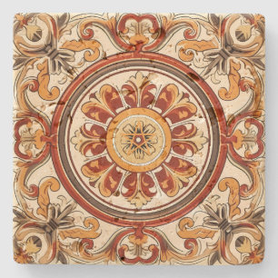 Create Your Own Vintage Golden Yellow Red Floral Stone Coaster
