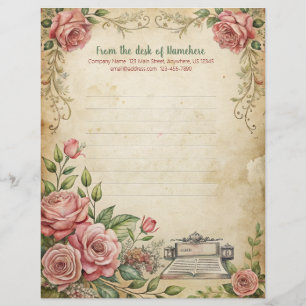 Create Your Own Vintage Pink Roses Typewriter Note Custom Letterhead