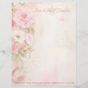 Create Your Own Vintage Pink White Roses Ephemera Custom Letterhead