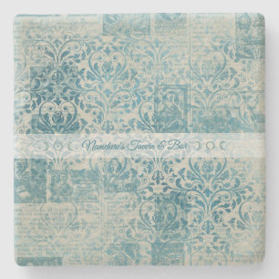 Create Your Own Vintage Teal Damask Newsprint Stone Coaster