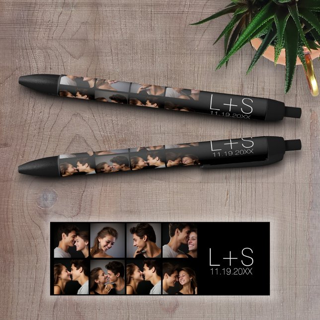 Create Your Own Wedding Photo Collage Monogram Black Ink Pen (Personalized writing pens with a photo collage and text)