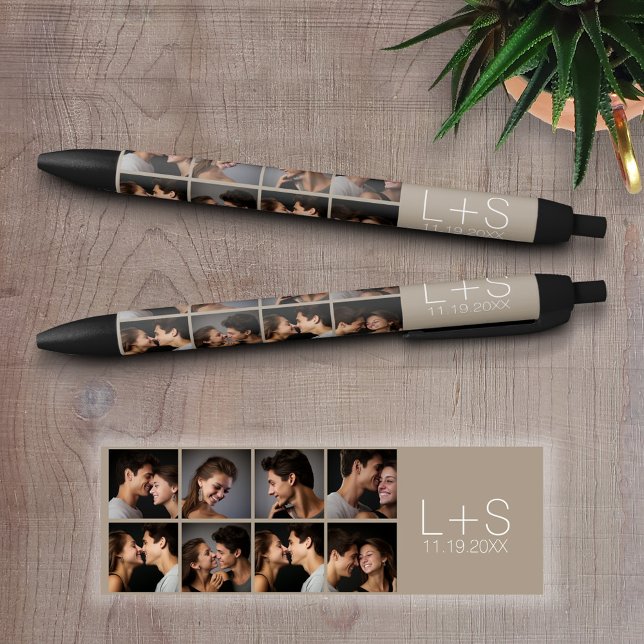Create Your Own Wedding Photo Collage Monogram Black Ink Pen (Personalized writing pens with a photo collage and text)