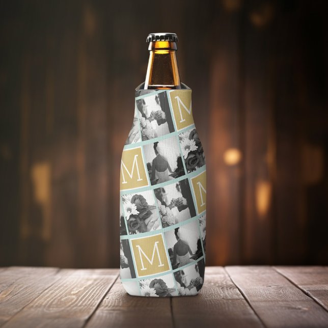 Create Your Own Wedding Photo Collage Monogram Bottle Cooler (Personalized Bottle Cooler - Add Name or Custom Text for this Wedding or Anniversary Favor - Black)