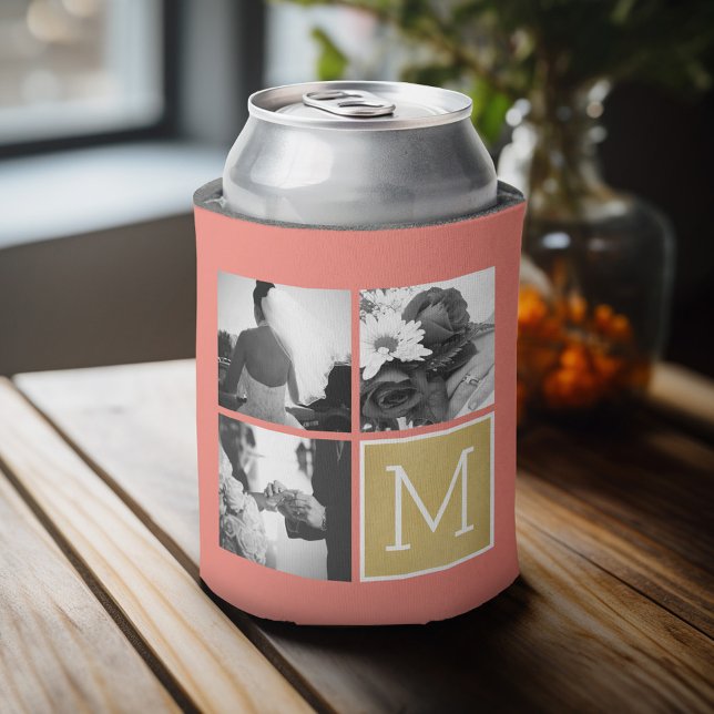 Create Your Own Wedding Photo Collage Monogram Can Cooler (Personalized Can Cooler for wedding or anniversary party)
