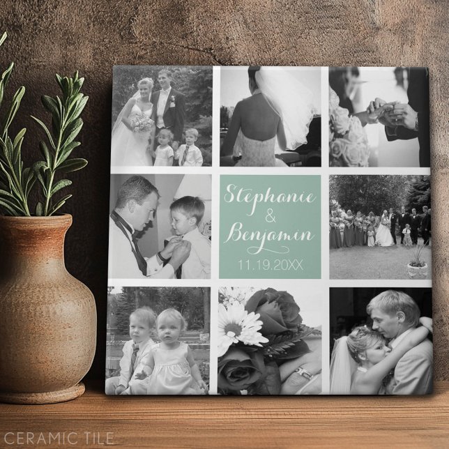 Create Your Own Wedding Photo Collage Monogram Ceramic Tile (Custom Tile)
