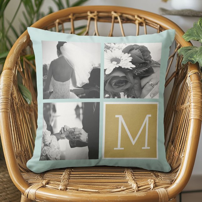 Create Your Own Wedding Photo Collage Monogram Cushion (Custom Photo Pillow)