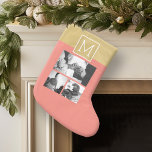 Create Your Own Wedding Photo Collage Monogram Large Christmas Stocking<br><div class="desc">Coral and gold print background - Use 3 square photos to create a unique and personal anniversary gift. Add the bride and groom's initials. If you need to adjust the pictures or monograms,  click on the customise tool to make changes.</div>