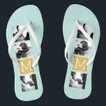 Create Your Own Wedding Photo Collage Monogram Thongs<br><div class="desc">2015 colours of mint and gold foil print background - Use 3 square photos to create a unique and personal anniversary gift. Add the bride and groom's initials. If you need to adjust the pictures or monograms,  click on the customise tool to make changes.</div>