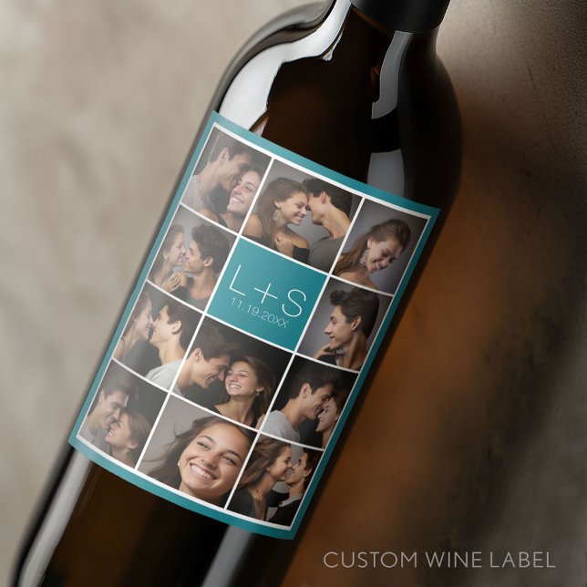 Create Your Own Wedding Photo Collage Monogram Wine Label (Custom Wedding and Anniversary Wine Label)