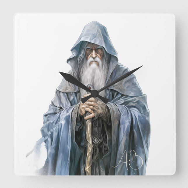 Create Your Own Wise Old Wizard Square Wall Clock (Front)
