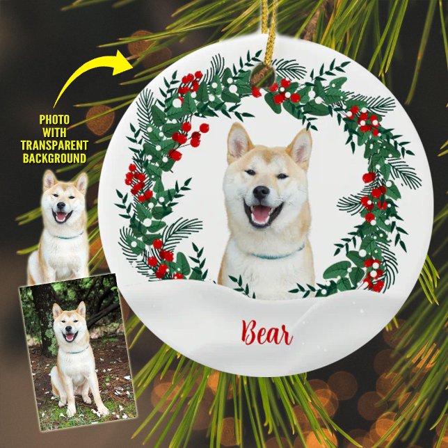 Create Your Own Wreath Christmas Dog Photo  Ceramic Ornament (Creator Uploaded)