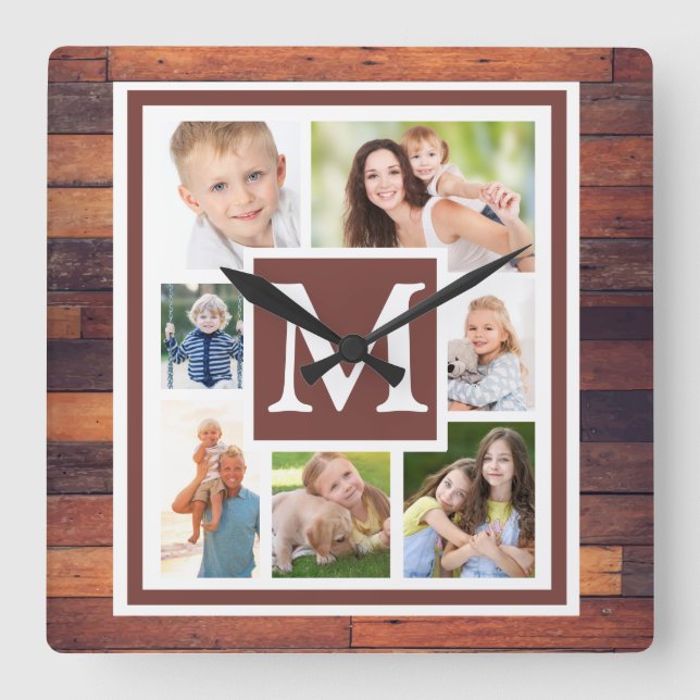 Create Your Photo Collage Rustic Wood Monogram Square Wall Clock (Front)