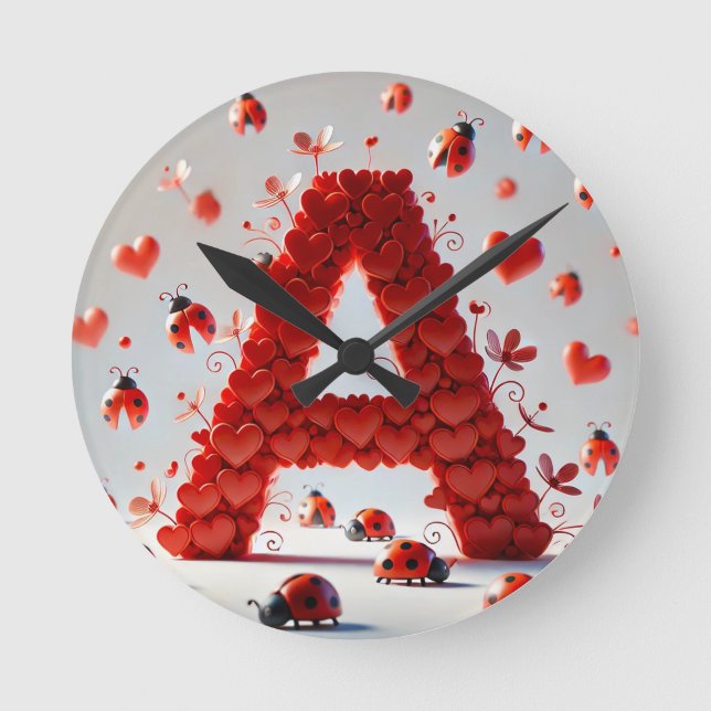 Creative Alphabet Letter A with Heart Shapes Round Clock (Front)