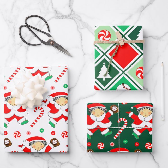 Creative Baseball Christmas Holiday Gift Wrapping Paper Sheet (Front)
