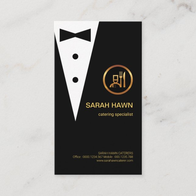 Creative Black Tuxedo Gold Boutonniere Chef Logo Business Card (Front)