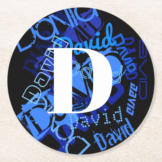 Creative Blue Monogram Round Paper Coaster (Front)