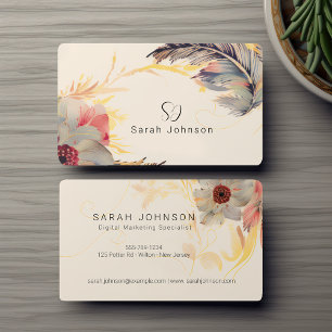 Creative Bohemian Floral & Feather With Monogram Business Card