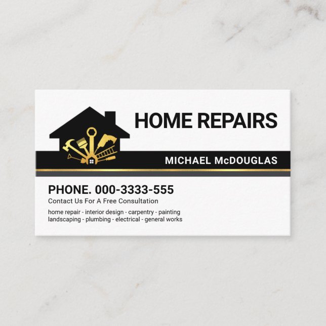 Creative Building Layer Gold Handyman Tools Line Business Card (Front)