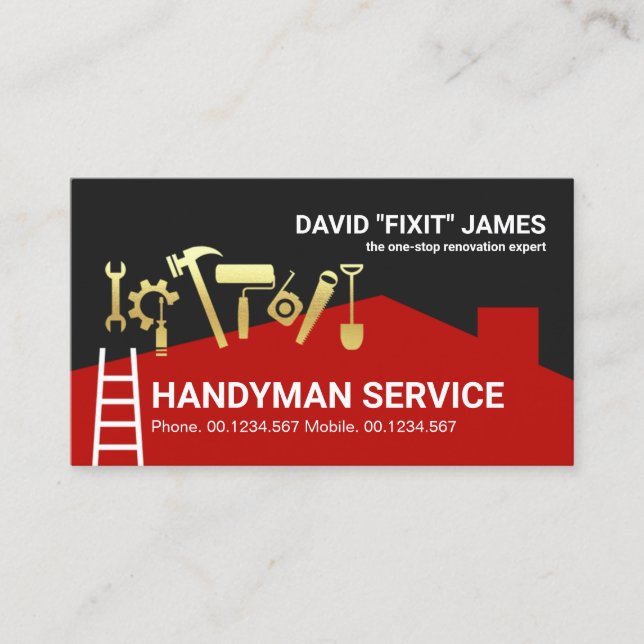 Creative Building Rooftop Gold Handyman Tools Business Card (Front)