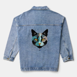 Creative Cat Head Illustration Denim Jacket
