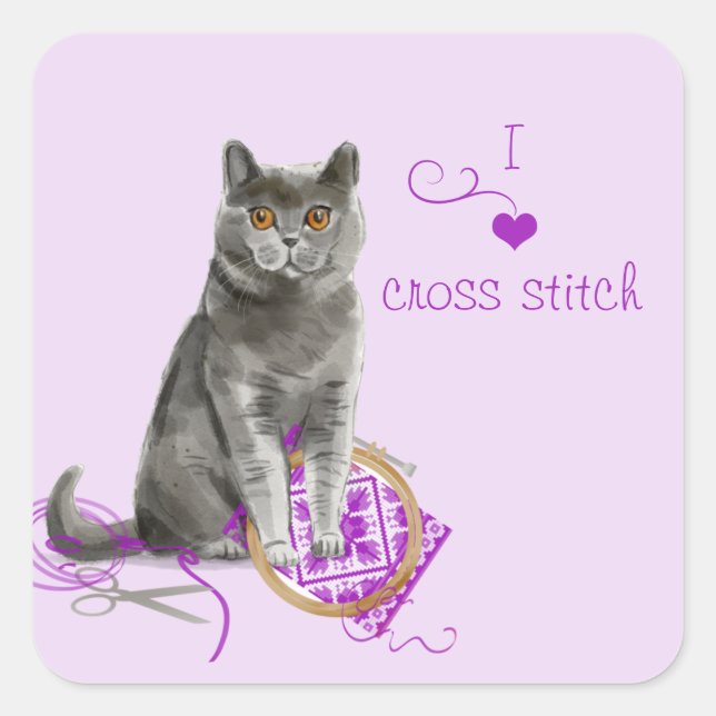 Creative Cat with Embroidery Hoop Sewing Square Sticker (Front)