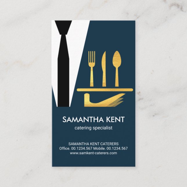 Creative Caterer Tuxedo Serving Gold Cutlery Business Card (Front)