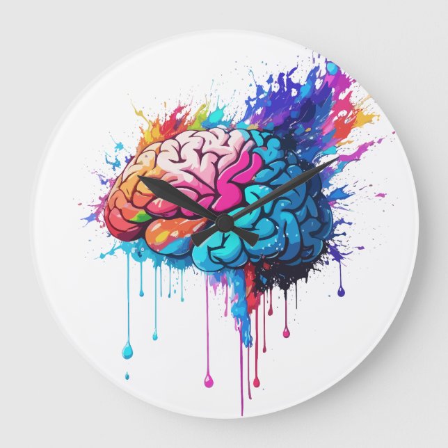 Creative Colourful Brain Splash Artwork Large Clock (Front)