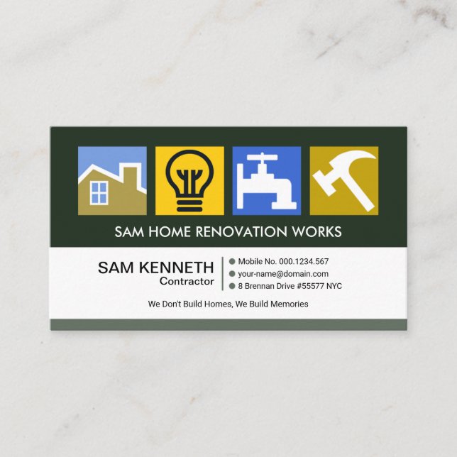Creative Colourful Construction Symbols Contractor Business Card (Front)