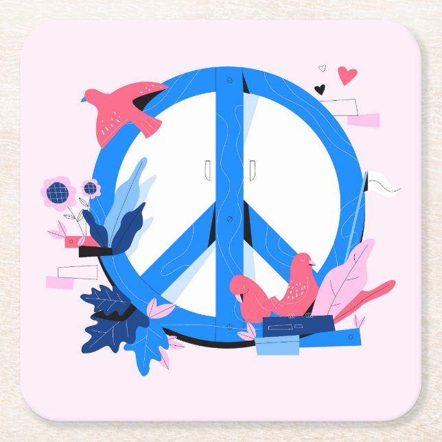 Creative & Colourful Peace Symbol with Birds Square Paper Coaster (Front)
