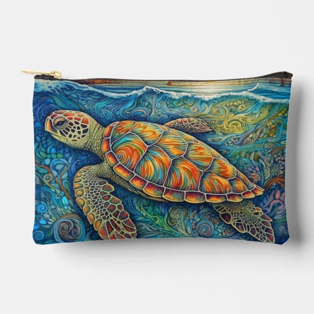 Creative Colourful Swimming Tortoise Illustration Accessory Pouch (Front)